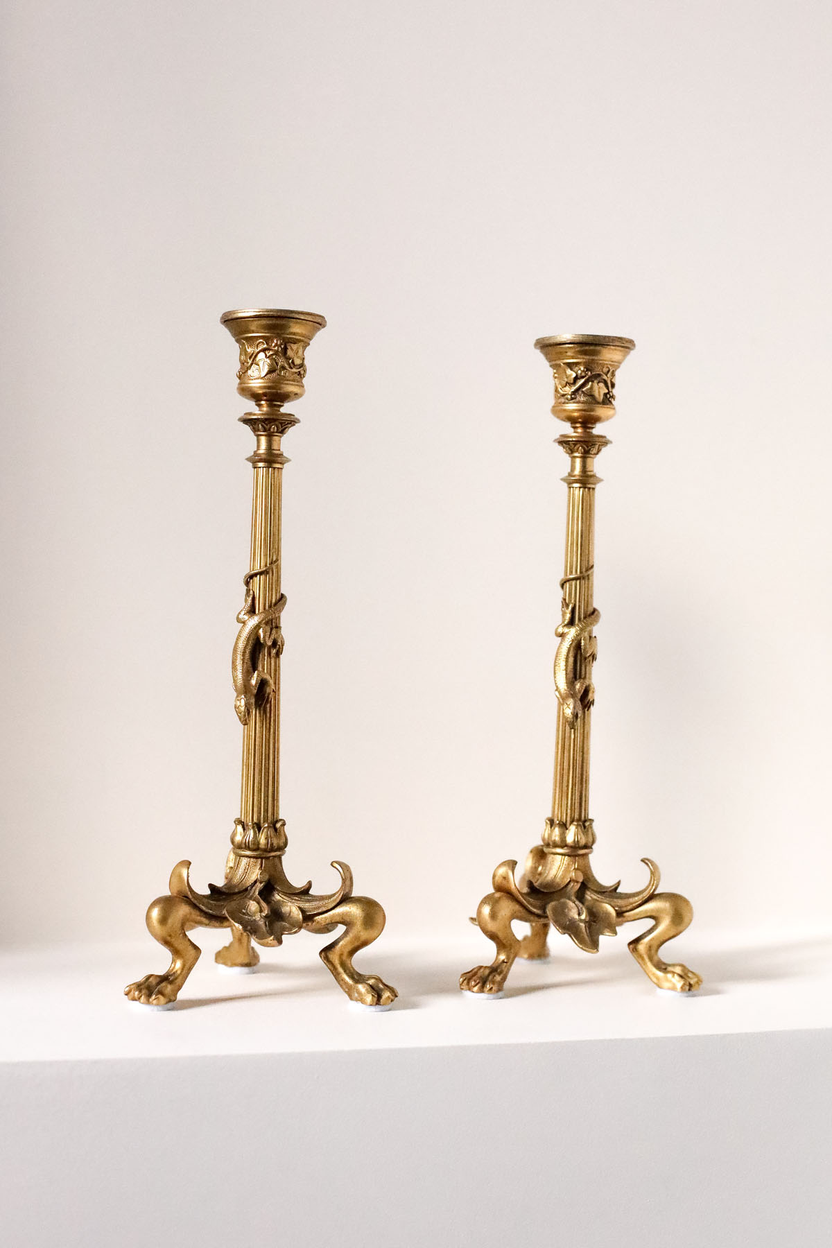 Подсвечники парные "Золотая саламандра", бронза, в стиле Barbedienne, Франция, ок. 1850-1880 г.г.