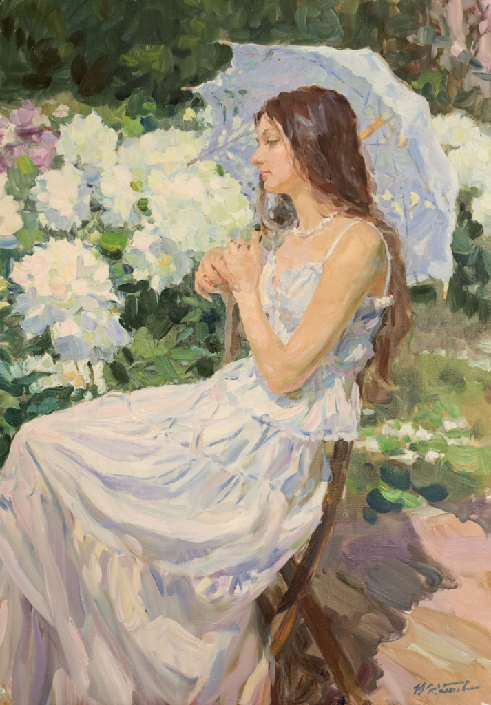 Картина «Утро в саду. Белые пионы», художник Юрий Кротов, 2024 год.