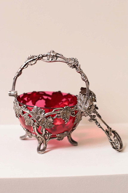 Сахарница с щипцами, цветной хрусталь, металл, серебрение, Франция, рубеж XIX-XX века