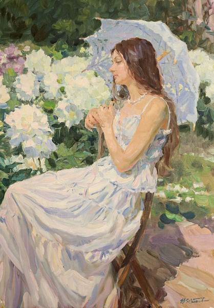 Картина «Утро в саду. Белые пионы», художник Юрий Кротов, 2024 год.